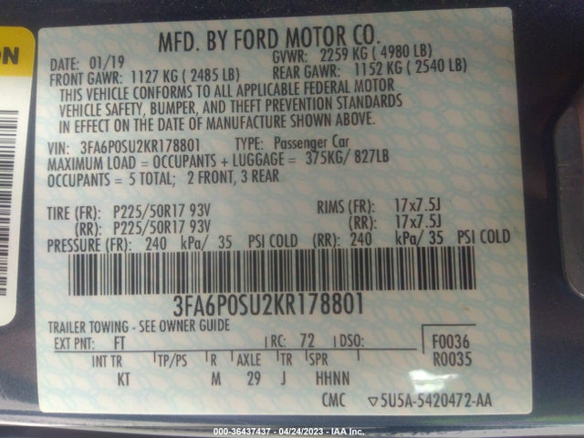 2019 Ford Fusion, VIN: 3FA6P0SU2KR178801