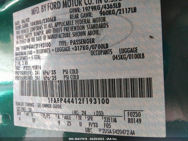 2002 FORD MUSTANG DELUXE/PREMIUM VIN: 1FAFP44412F193100