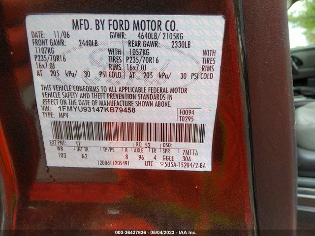 2007 FORD ESCAPE XLT VIN: 1FMYU93147KB79458