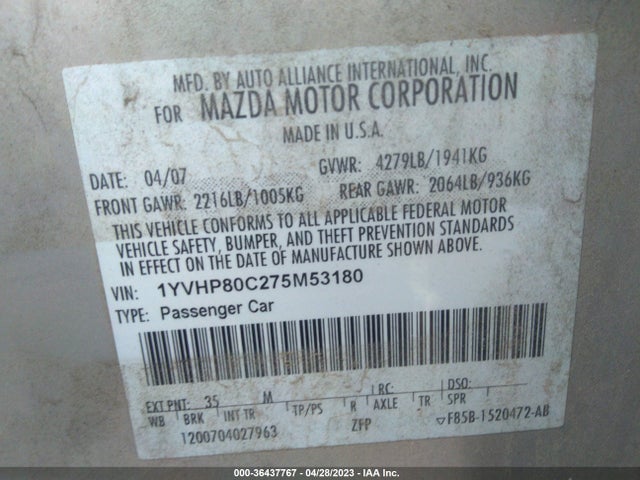 2007 MAZDA MAZDA6 I SPORT VE VIN: 1YVHP80C275M53180