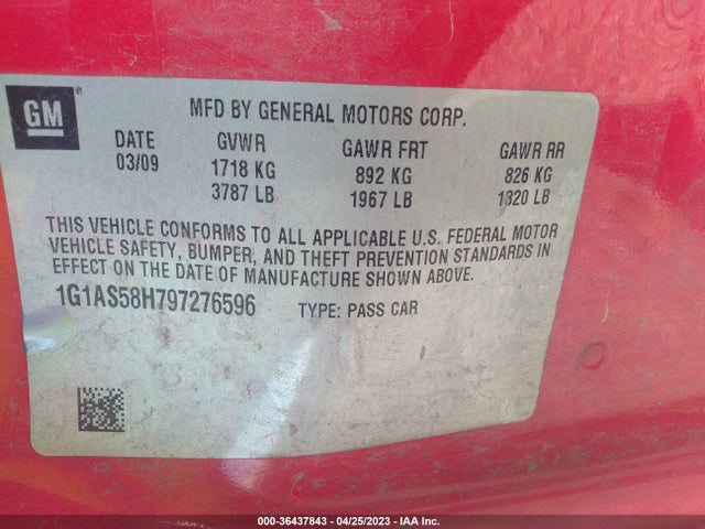 2009 CHEVROLET COBALT LS VIN: 1G1AS58H797276596