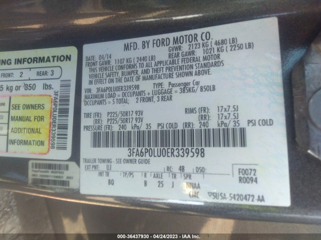 2014 FORD FUSION SE HYBRID VIN: 3FA6P0LU0ER339598