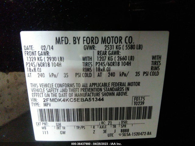 2014 FORD EDGE LIMITED VIN: 2FMDK4KC5EBA51344