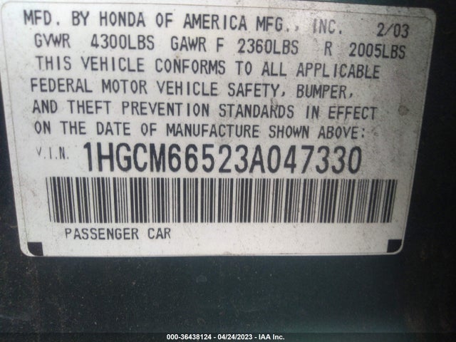 2003 HONDA ACCORD SDN EX VIN: 1HGCM66523A047330