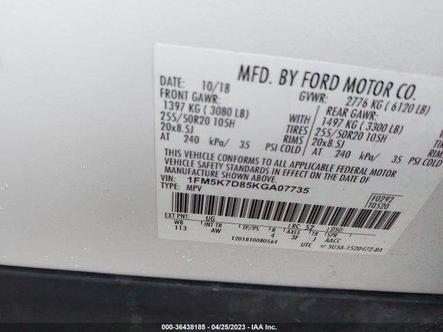 2019 FORD EXPLORER XLT VIN: 1FM5K7D85KGA07735