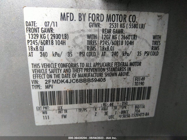 2011 FORD EDGE SEL VIN: 2FMDK4JC6BBB59405