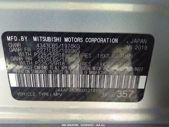 JA4AP3AU6KU021458 Mitsubishi Outlander Sport 2.0