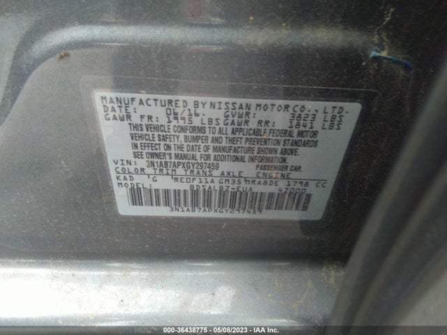 2016 NISSAN SENTRA S VIN: 3N1AB7APXGY297459