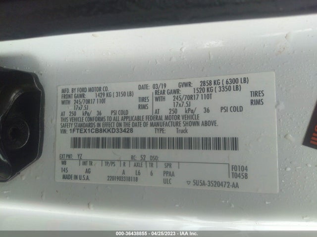 2019 FORD F-150 XL/XLT VIN: 1FTEX1CB8KKD33428