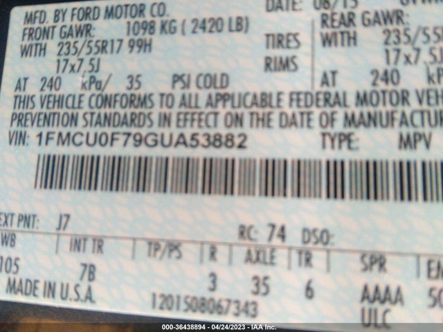 Ford ESCAPE S 2016 1FMCU0F79GUA53882 Image 9