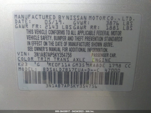 2019 NISSAN SENTRA SV VIN: 3N1AB7AP5KY354756