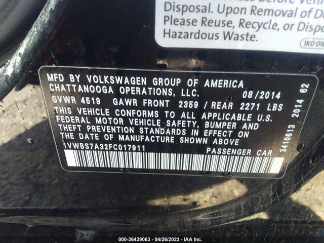 1VWBS7A32FC017911 Volkswagen Passat 1.8t Se W/sunroof & Nav