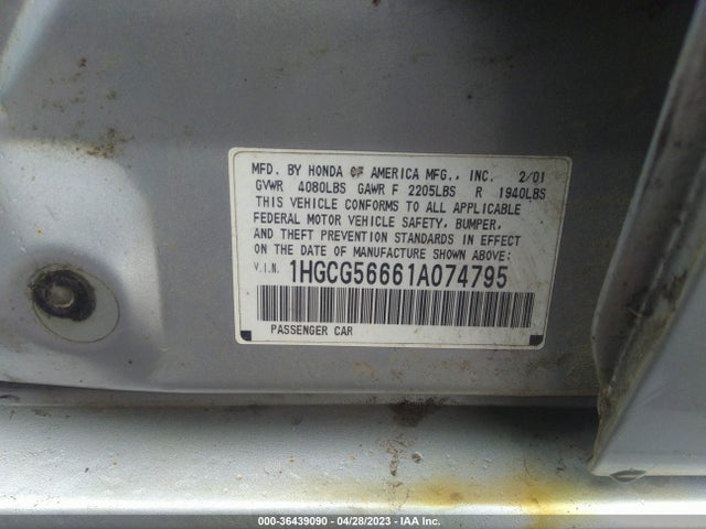 2001 HONDA ACCORD SDN EX VIN: 1HGCG56661A074795