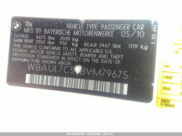 2011 BMW 1 SERIES 128I VIN: WBAUL7C59BVM79675