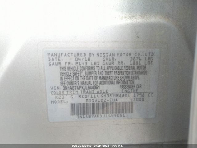 3N1AB7APXJL644051 Nissan SENTRA SV