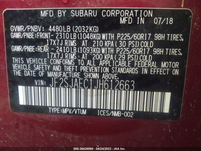 JF2SJAEC1JH612663 Subaru Forester Premium