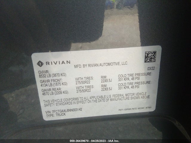 2022 Rivian R1T, VIN: 7FCTGAAL6NN003142