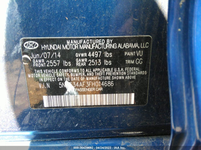 2015 HYUNDAI SONATA 2.4L LIMITED VIN: 5NPE34AF3FH014686