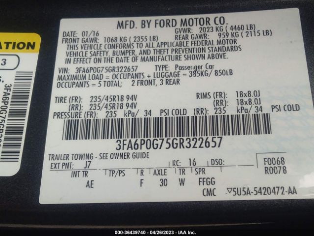 3FA6P0G75GR322657 Ford FUSION S