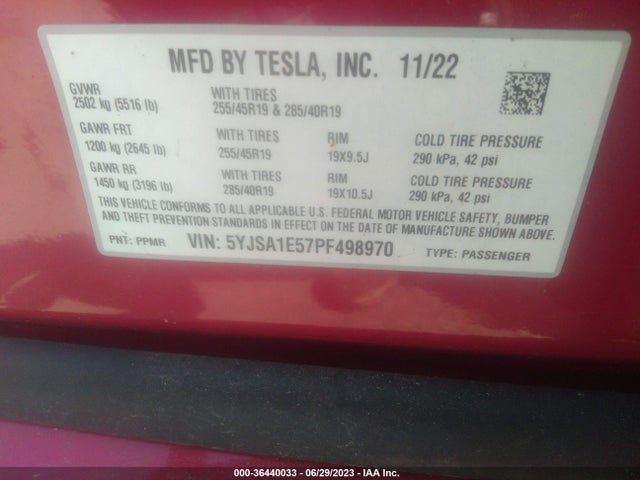 2023 Tesla Model S, VIN: 5YJSA1E57PF498970