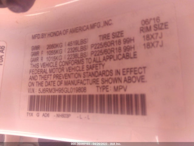 Honda Cr-v Touring 2016 5J6RM3H95GL019808 Image 9