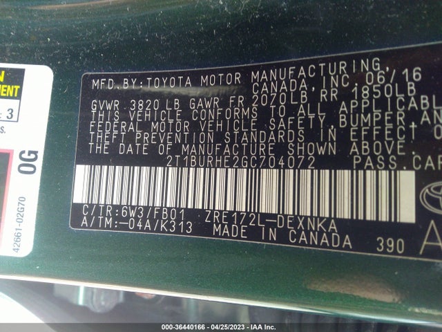 2016 TOYOTA COROLLA LE VIN: 2T1BURHE2GC704072