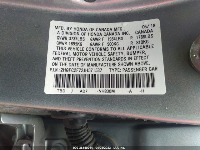 2018 HONDA CIVIC SEDAN EX VIN: 2HGFC2F72JH571537