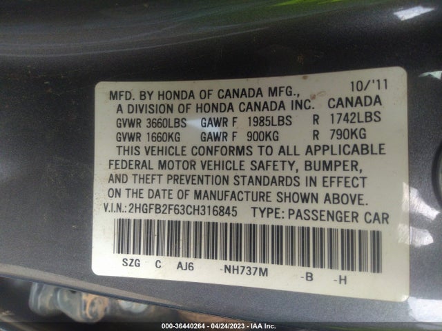 2012 HONDA CIVIC SDN HF VIN: 2HGFB2F63CH316845