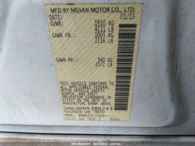 Nissan Altima 2.5 Sl 2015 1N4AL3APXFN386243 Image 10
