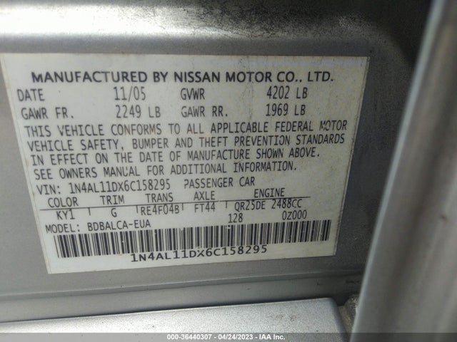 2006 NISSAN ALTIMA 2.5 S VIN: 1N4AL11DX6C158295