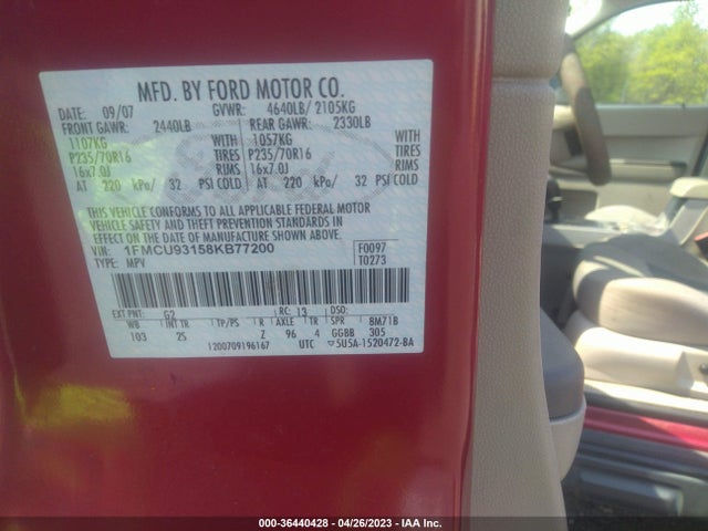 2008 FORD ESCAPE XLT VIN: 1FMCU93158KB77200