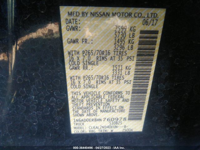 1N6AD0ER8HN760978 Nissan Frontier Sv V6