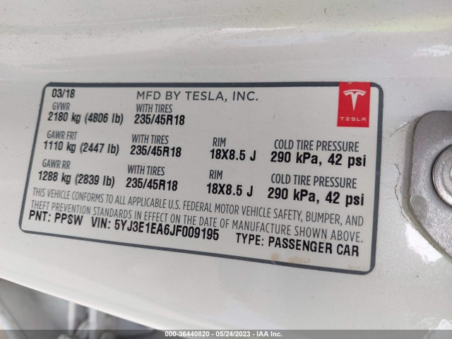 Tesla Model 3 Range Battery 2018 5YJ3E1EA6JF009195 Image 10