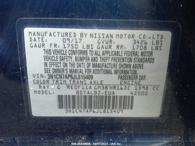 Aukcja sprzedaży 2018 Nissan Versa Sedan Sv, vin: 3N1CN7AP6JL815409, numer aukcji: 36440886