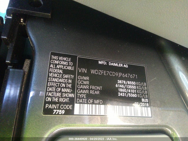2018 Freightliner Sprinter, VIN: WDZFE7CD9JP647671