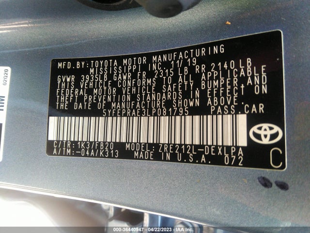 2020 TOYOTA COROLLA LE VIN: 5YFEPRAE3LP081795