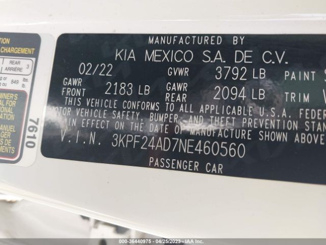 3KPF24AD7NE460560 KIA Forte Lxs