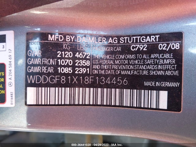 2008 MERCEDES-BENZ C-CLASS 3.0L VIN: WDDGF81X18F134456