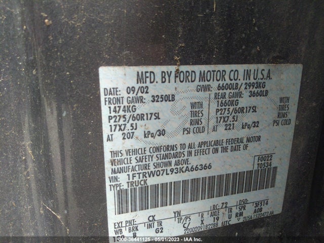 2003 FORD F-150 XLT/LARIAT/KING RANCH VIN: 1FTRW07L93KA66366
