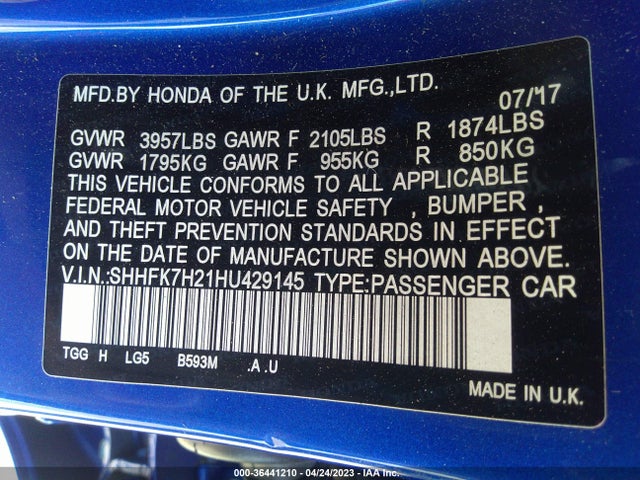 Honda Civic Hatchback Lx 2017 SHHFK7H21HU429145 Image 10