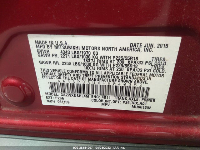 2015 MITSUBISHI OUTLANDER SPORT ES VIN: 4A4AP3AUXFE040352