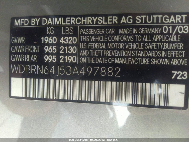 2003 MERCEDES-BENZ C-CLASS 3.2L VIN: WDBRN64J53A497882