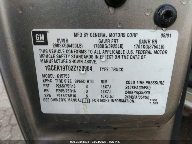 2002 CHEVROLET SILVERADO 1500 LT VIN: 1GCEK19T02Z120964
