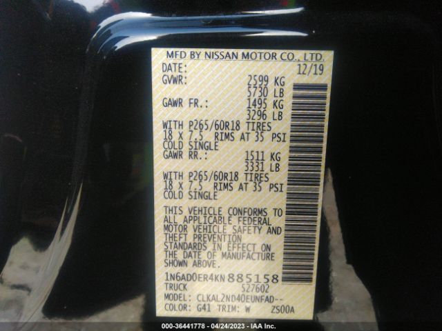 1N6AD0ER4KN885158 Nissan Frontier Sv