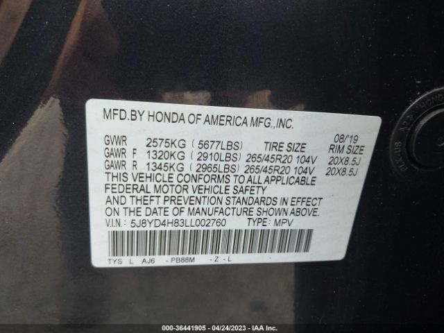 5J8YD4H83LL002760 Acura Mdx W/advance Pkg