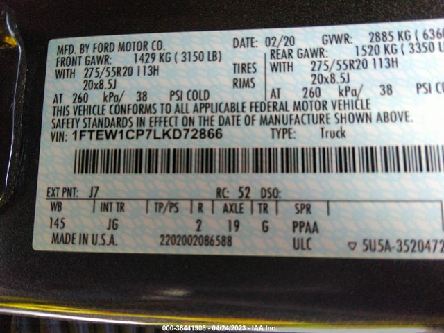 2020 FORD F-150 XL/XLT/LARIAT VIN: 1FTEW1CP7LKD72866
