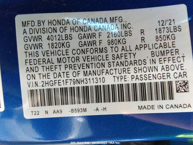 Honda Civic Sedan Ex 2022 2HGFE1F79NH311310 Image 9