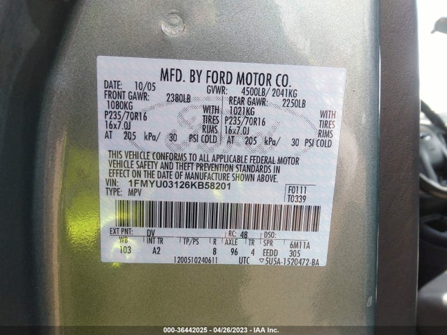 2006 FORD ESCAPE XLT VIN: 1FMYU03126KB58201