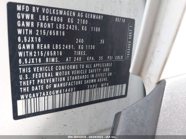 WVGAV7AX0GW614401 Volkswagen TIGUAN S