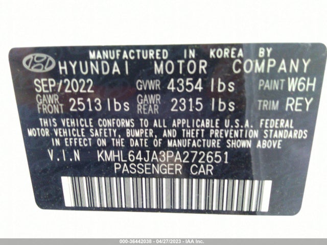 2023 HYUNDAI SONATA SEL VIN: KMHL64JA3PA272651
